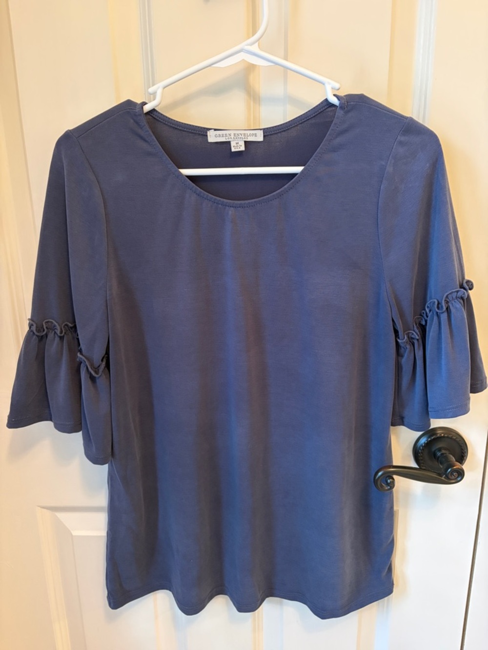 Green Envelope Slate Blue Ruffle Sleeve Blouse Size M